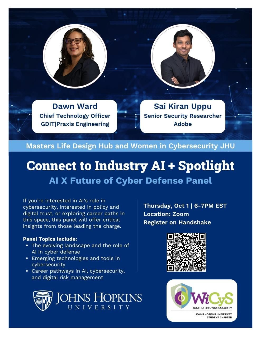 Connect to Industry AI + Spotlight: AI x Future of Cyber Defense panel flyer featuring Sai Kiran Uppu