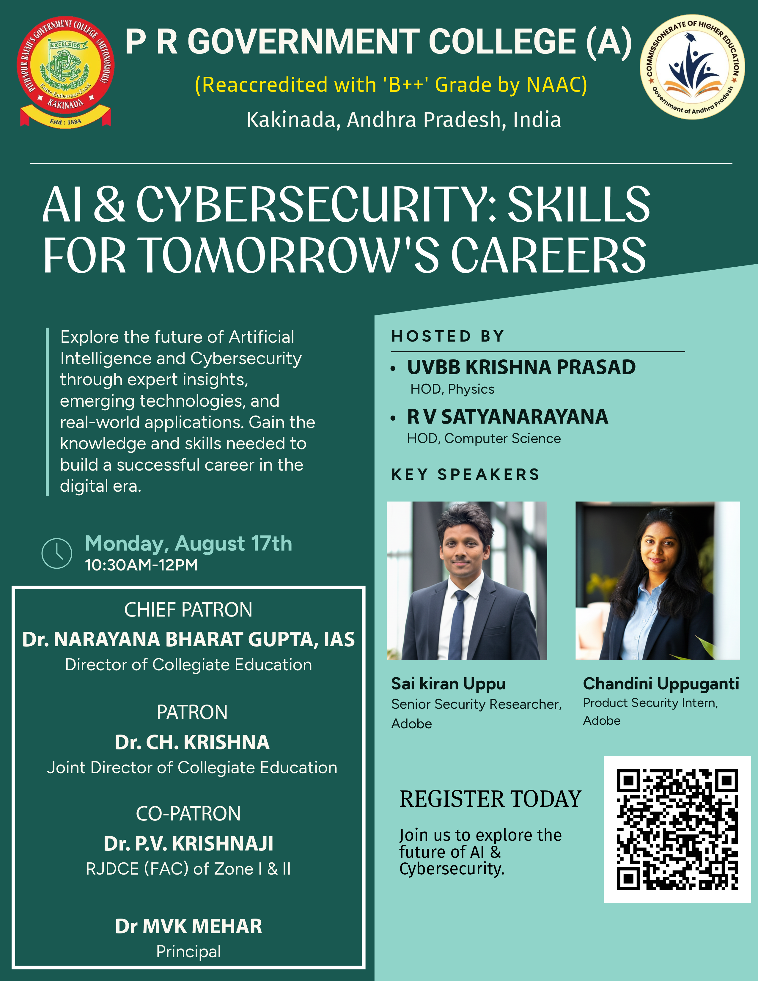 P R Government College AI and Cybersecurity international seminar poster